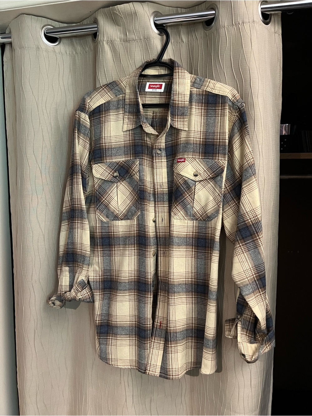 Wrangler Plaid Button-Down Shirt in Cream and Blue